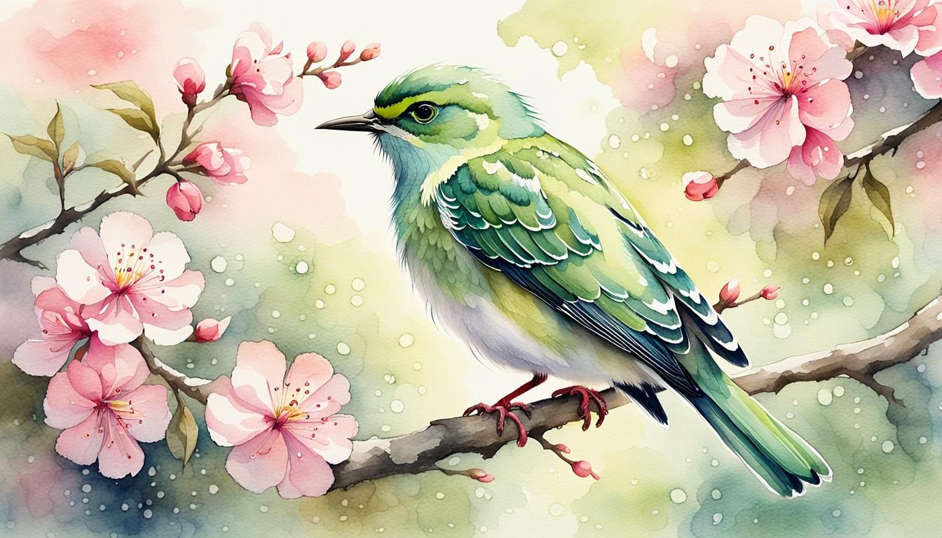 Green Bird Among Japanese Pink Flowers Watercolor