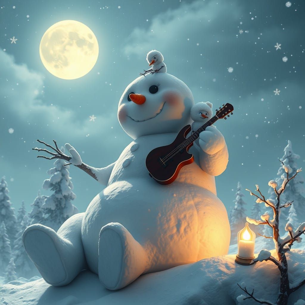 Enchanted Winter Scene with Snowman and Guitarist