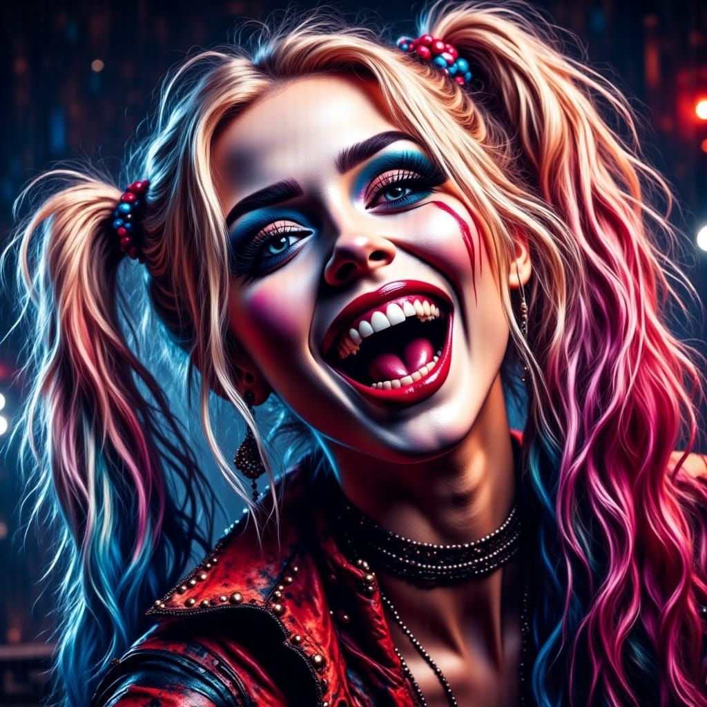 Hyperrealistic Harley Quinn in Neon-Lit Futurism Style