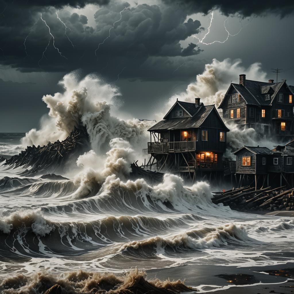 Monster Waves Engulfing Village in Cinematic Chaos