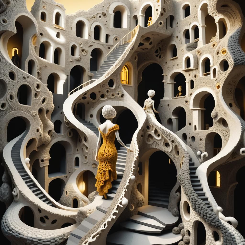 Crocheted Figure in Surreal Dreamscape, Escher and Dali Insp...