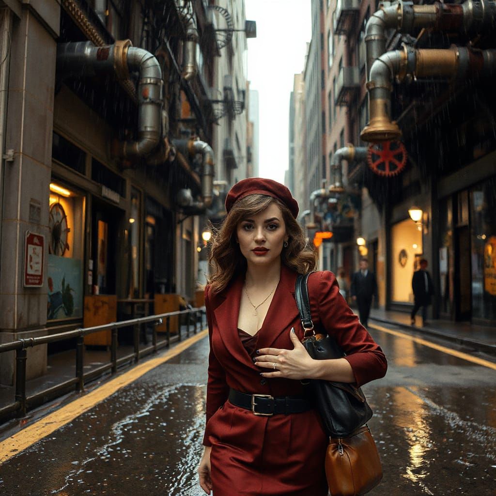 Steampunk Woman in Rain-Slicked Cityscape