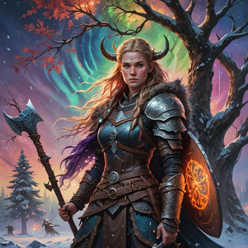Viking Shieldmaiden Before Yggdrasil in Oil Painting