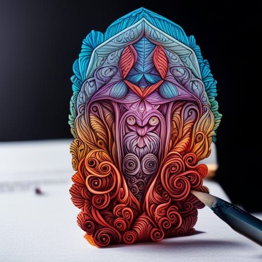 Surreal Steampunk Cubist Pencil Sketch in Triadic Colors