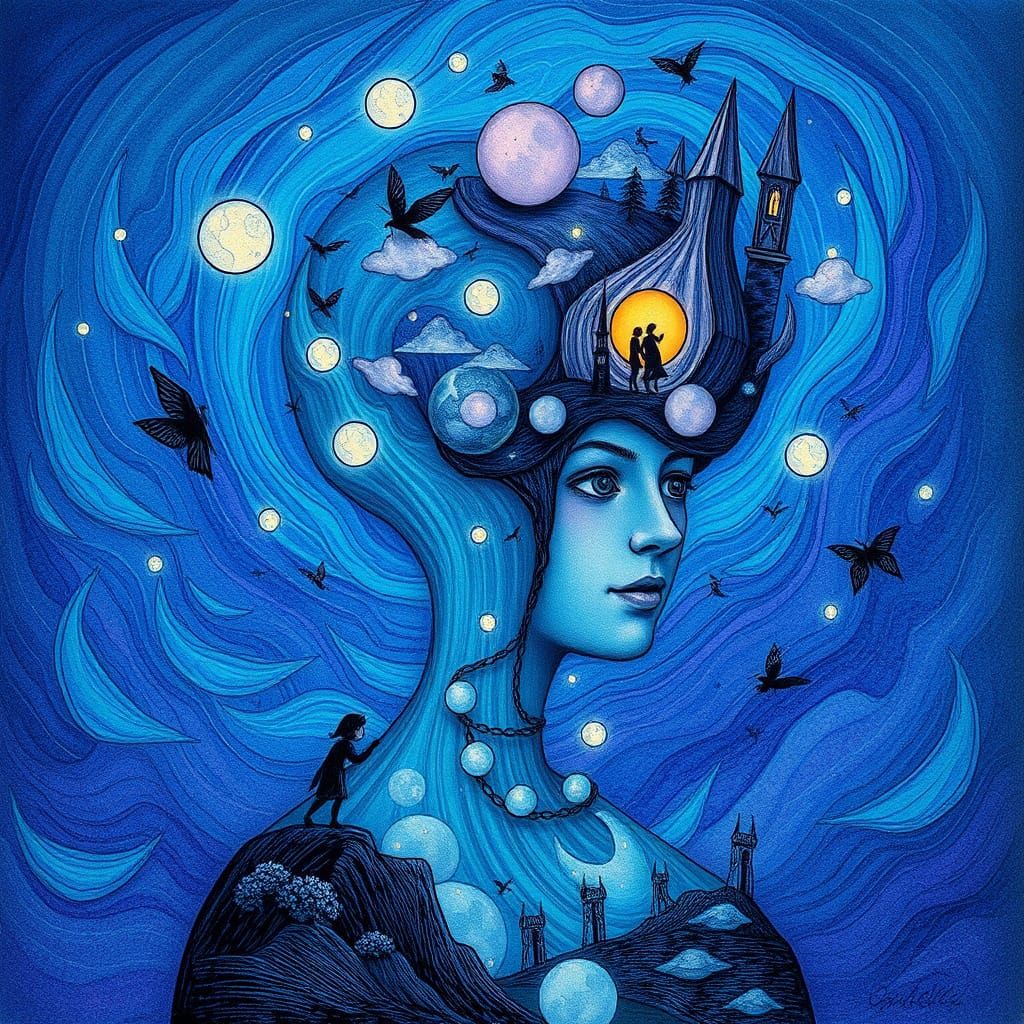 Dreamlike Inner World Landscape in Etching Style