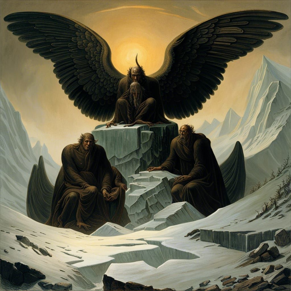 Colossal Three-Headed Demon in Frozen Landscape