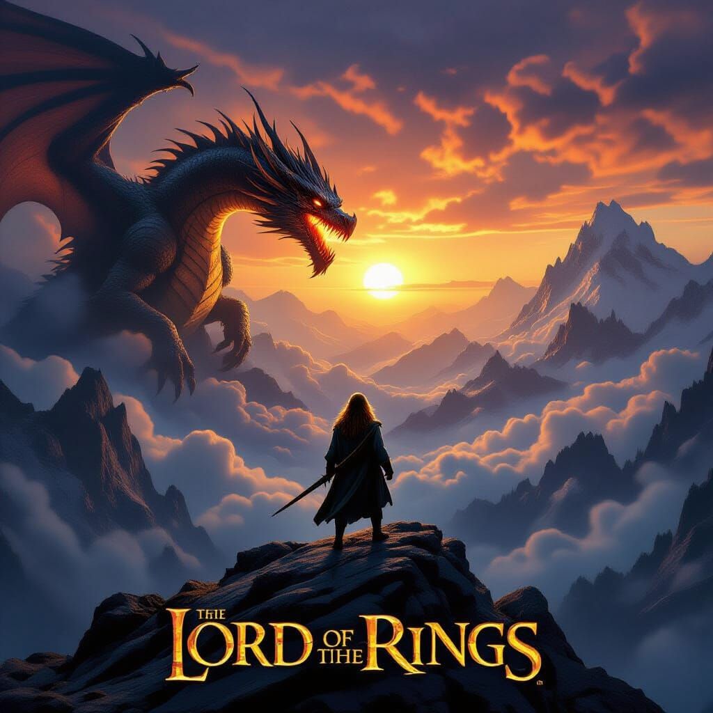 Hobbit Confronts Dragon Movie Poster in Hyperrealistic Style