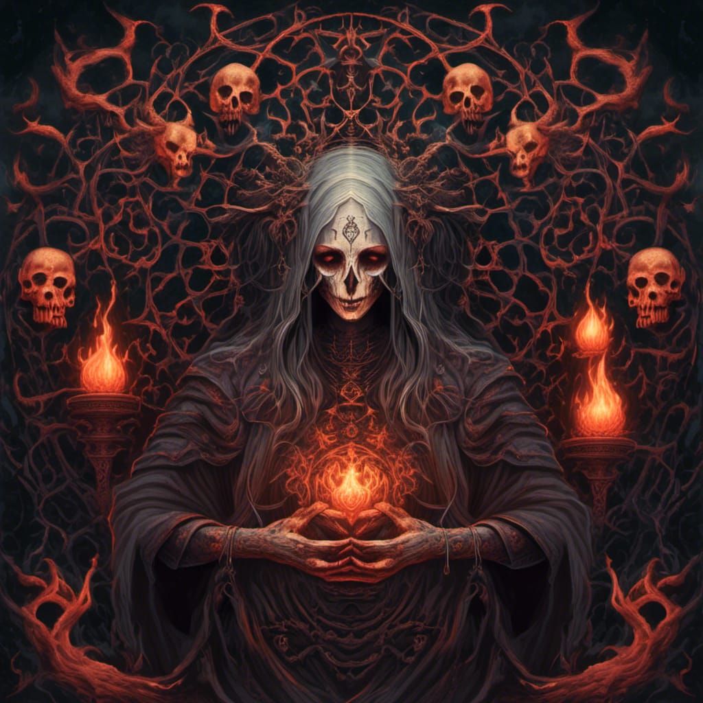 Decrepit Crone Amidst Flaming Skulls in Dark Night