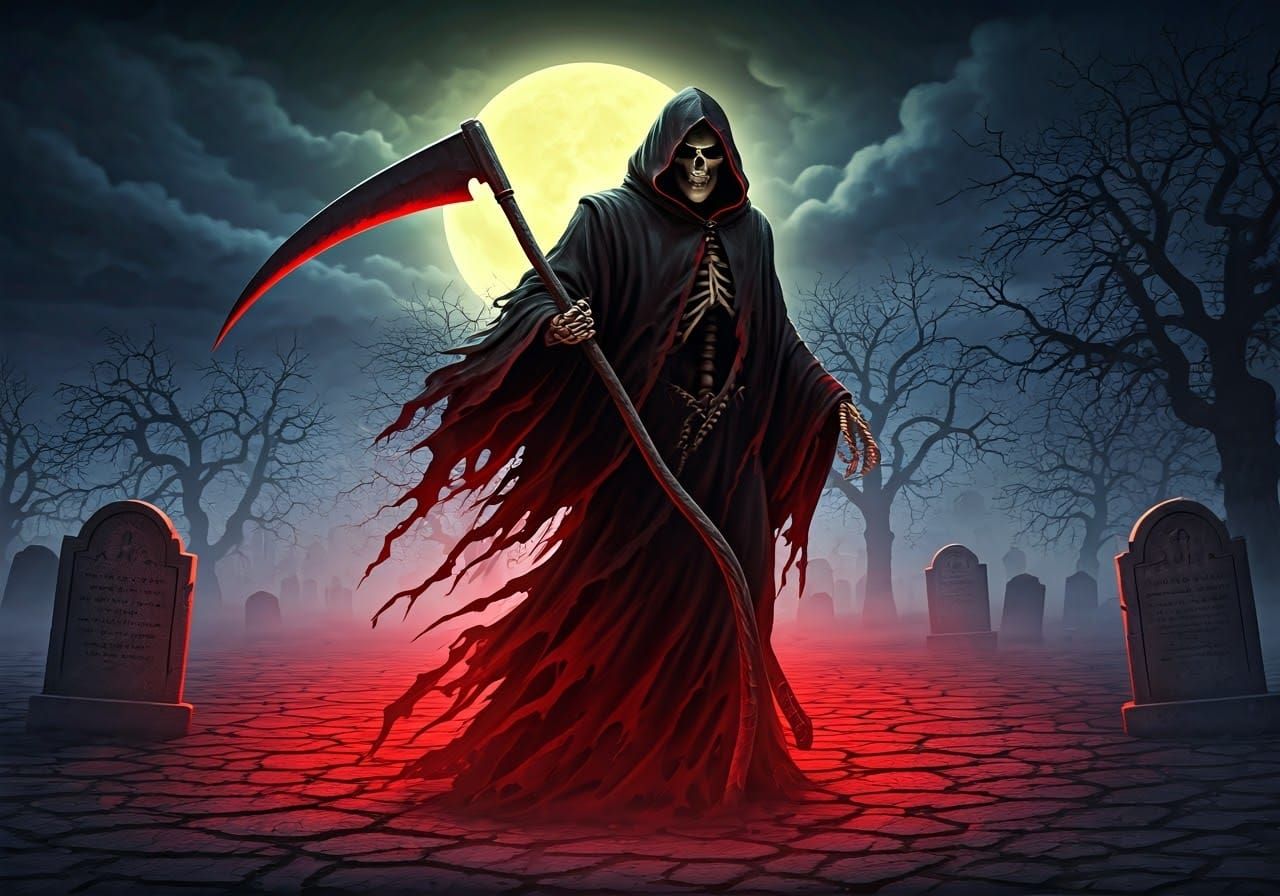 Eerie Grim Reaper in Graveyard Illustration