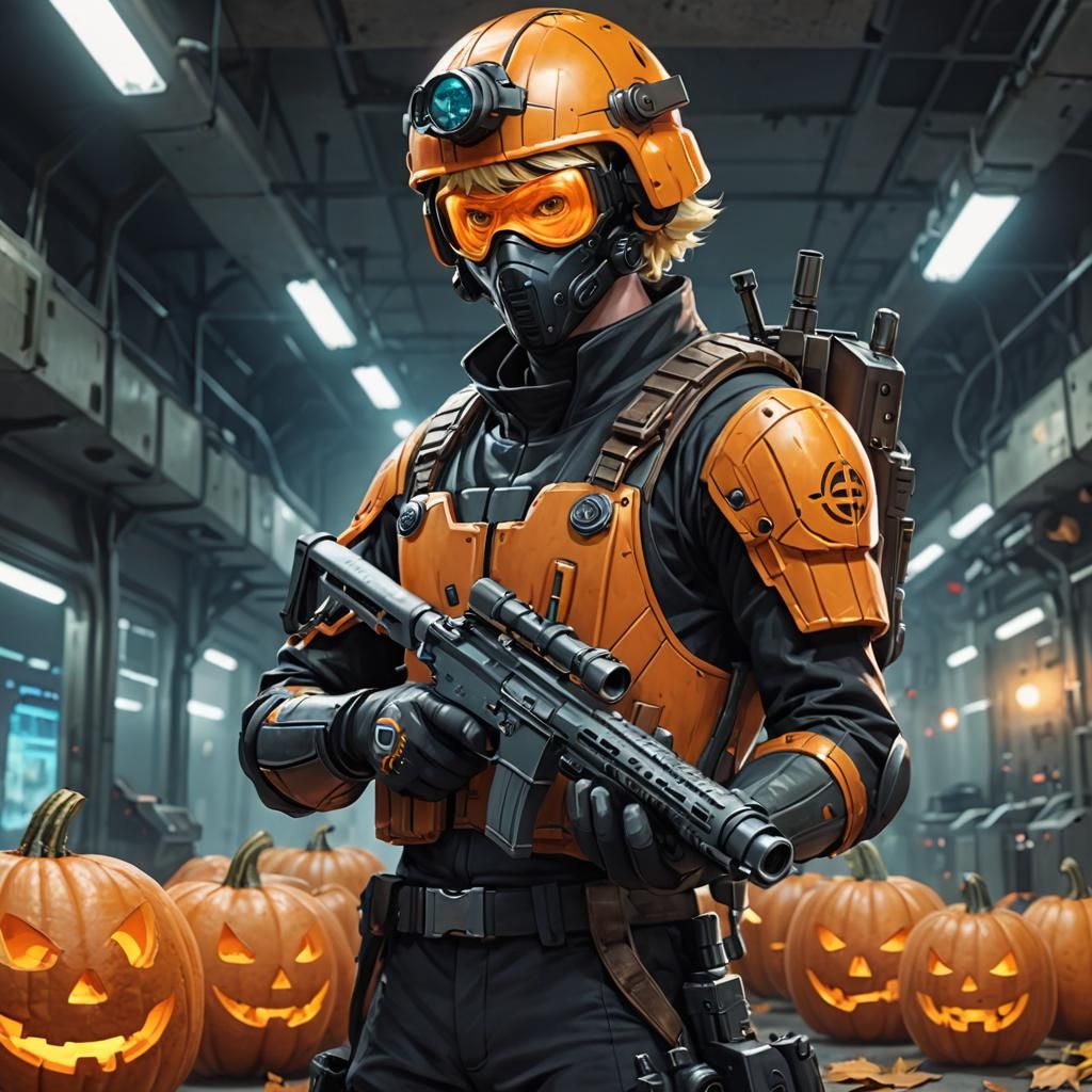 Sci-Fi Boy with Pumpkin and Gun
