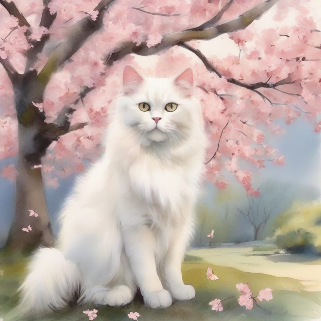 Whimsical Persian Cat Under Sakura Blossoms in a Public Park