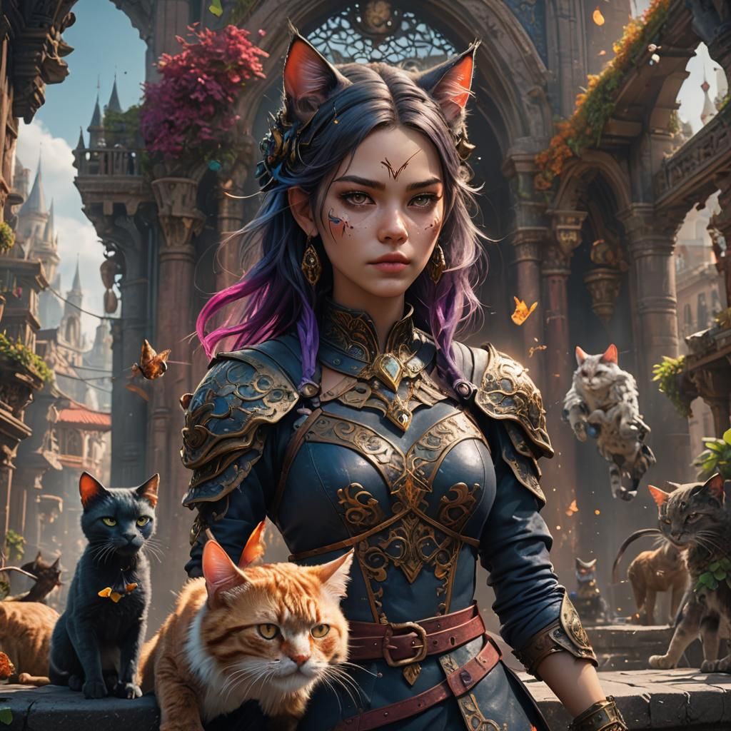 Fantastical Half-Cat Girl in Detailed Digital Painting