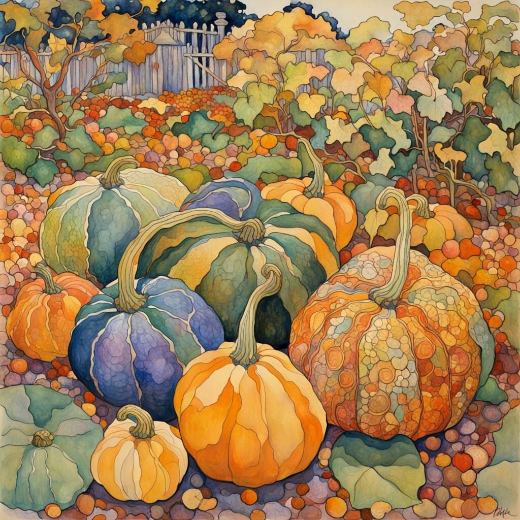 Colourful Gourds in English Garden: Ink and Watercolour