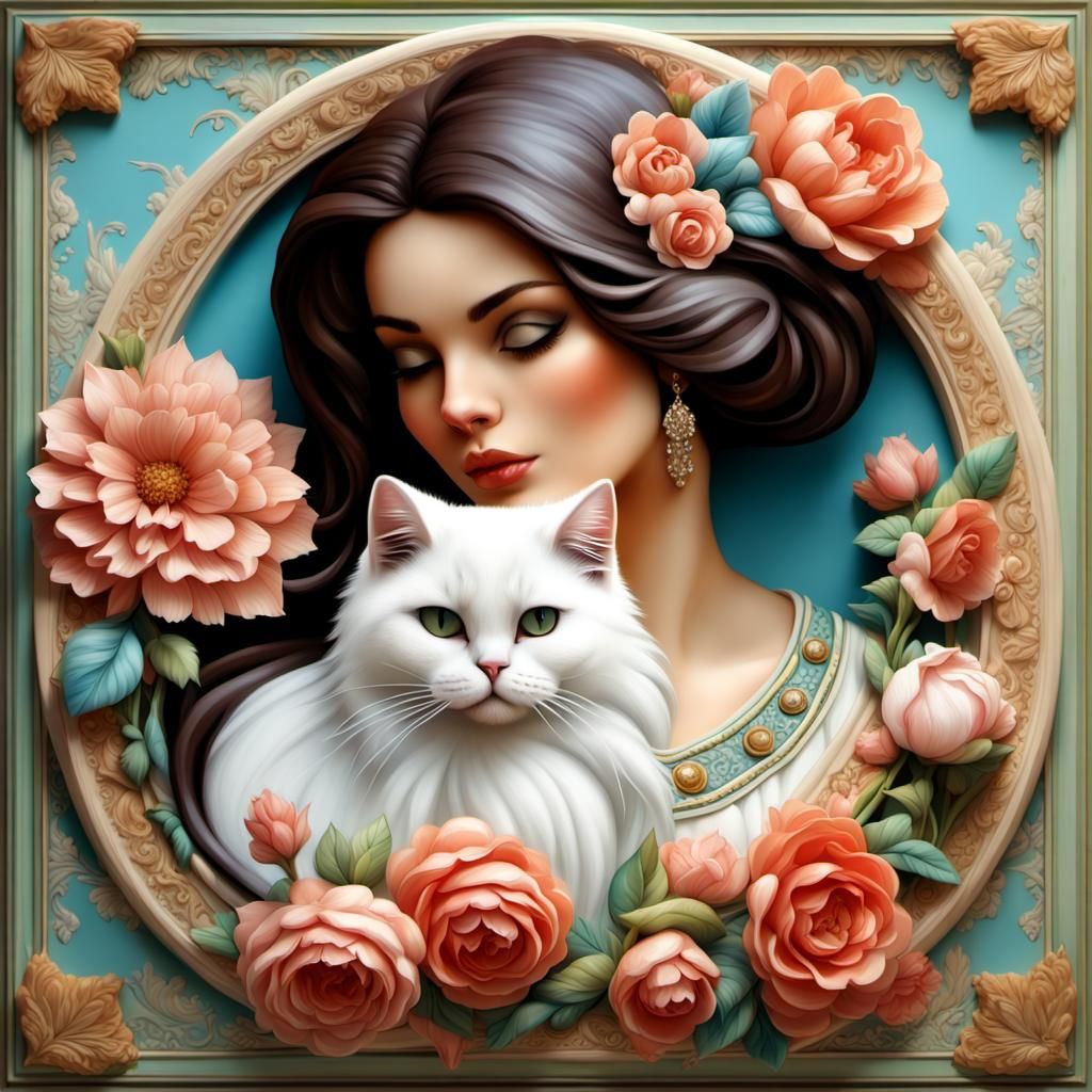 Digital Painting of Woman, Cat, and Floral Border