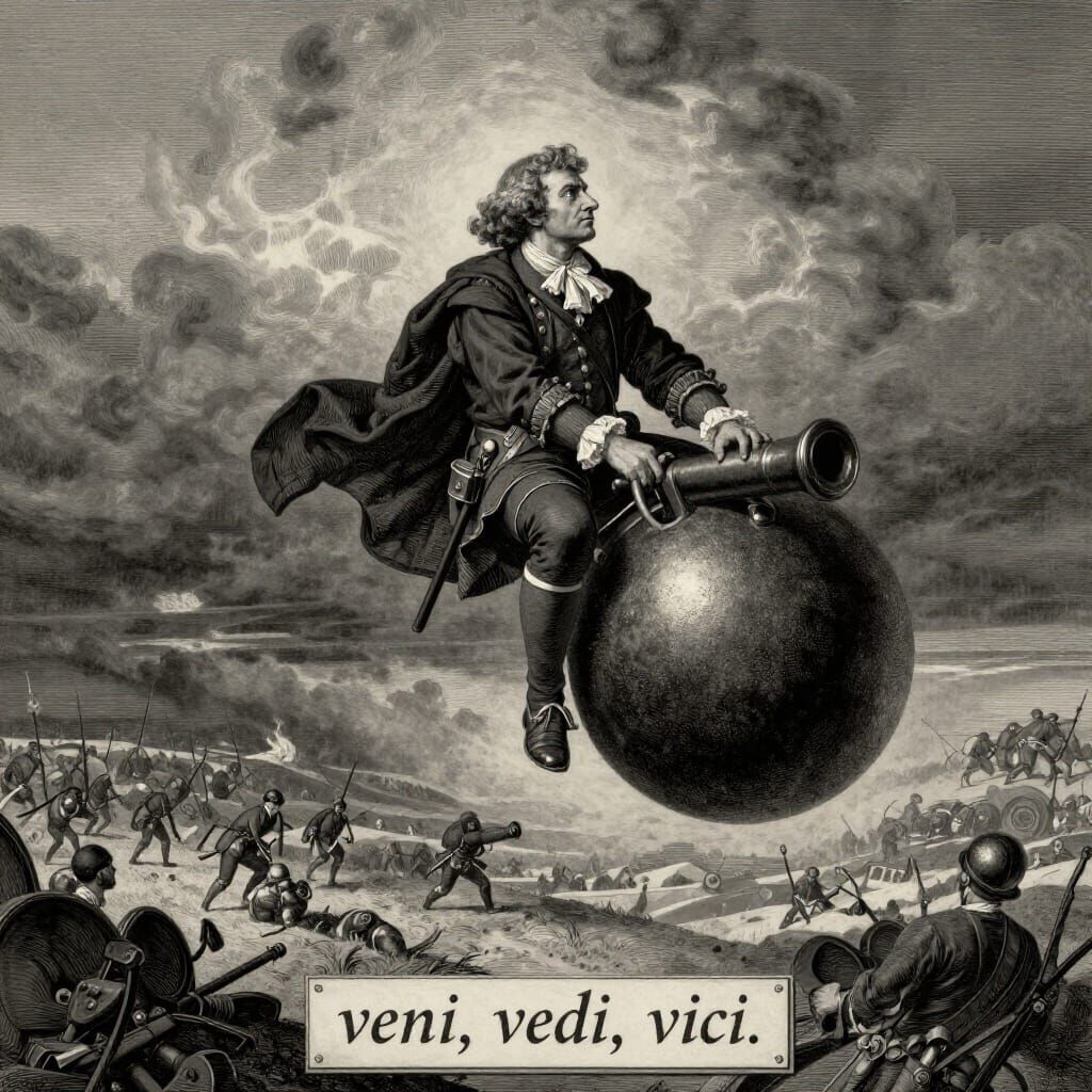 Baron Munchausen Flies Cannonball Over Battlefield