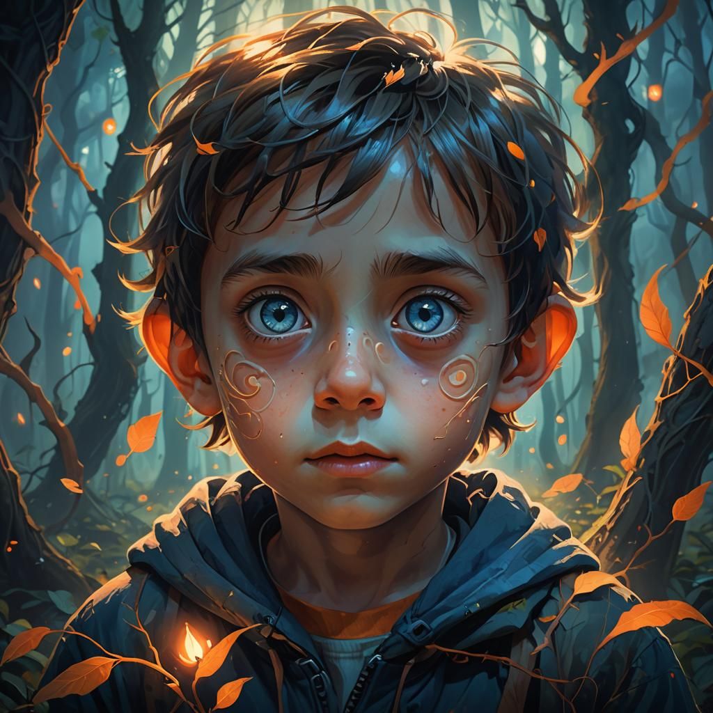 Mystical Forest Portrait of a Child with Big Eyes
