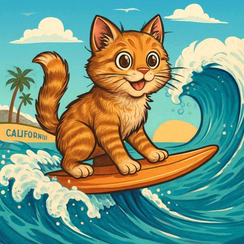 Feline Surfer Rides California Wave