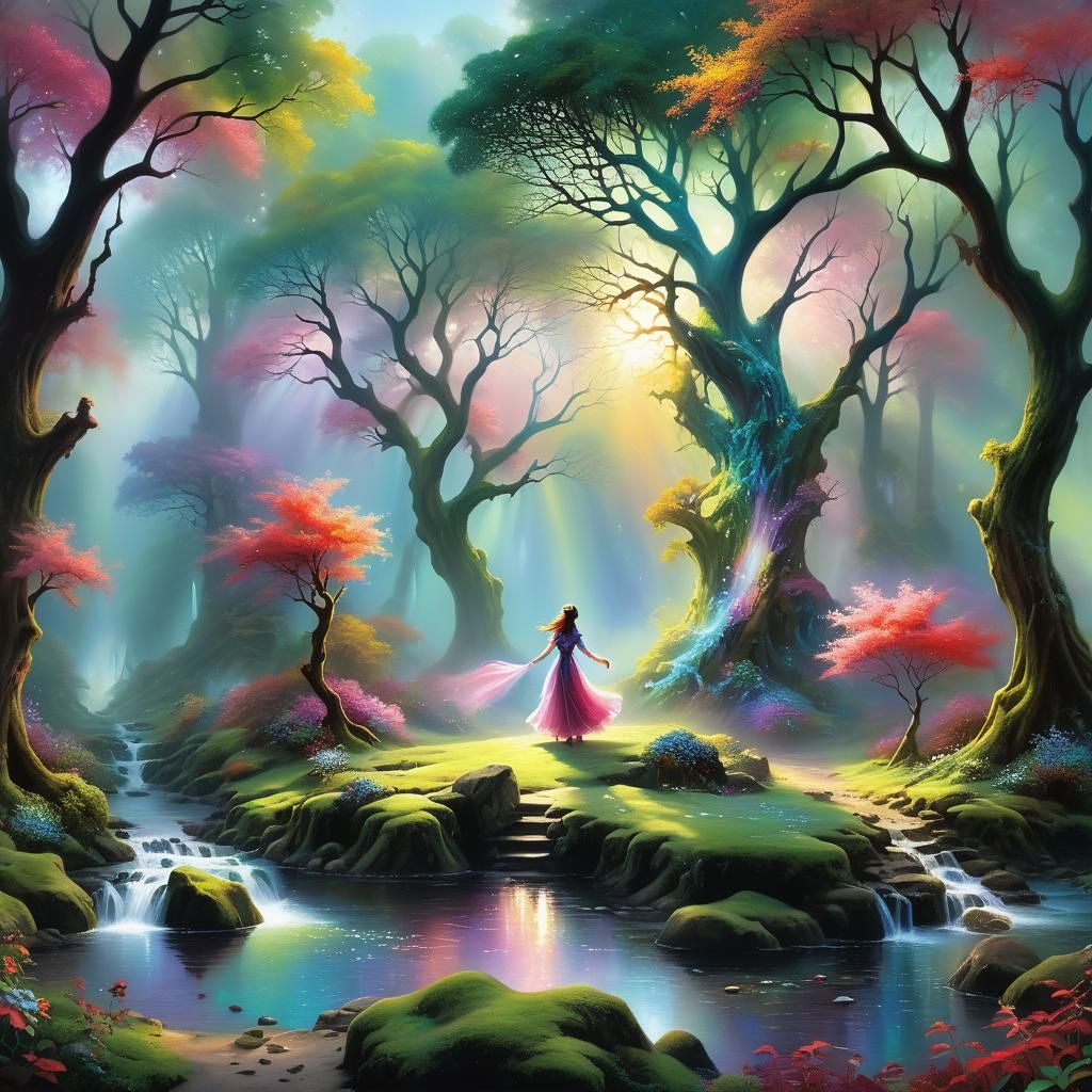 Ethereal Dance in Crimson Groves: A Surrealist Fantasy