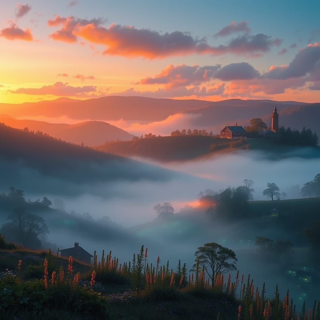 Ethereal Valley Mist at Twilight in Romantic Style