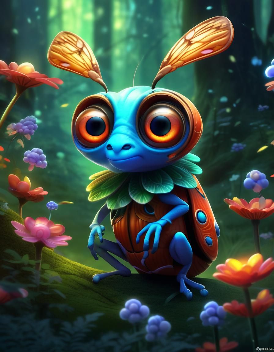 Cute Bug in Magical Forest, Digital Art