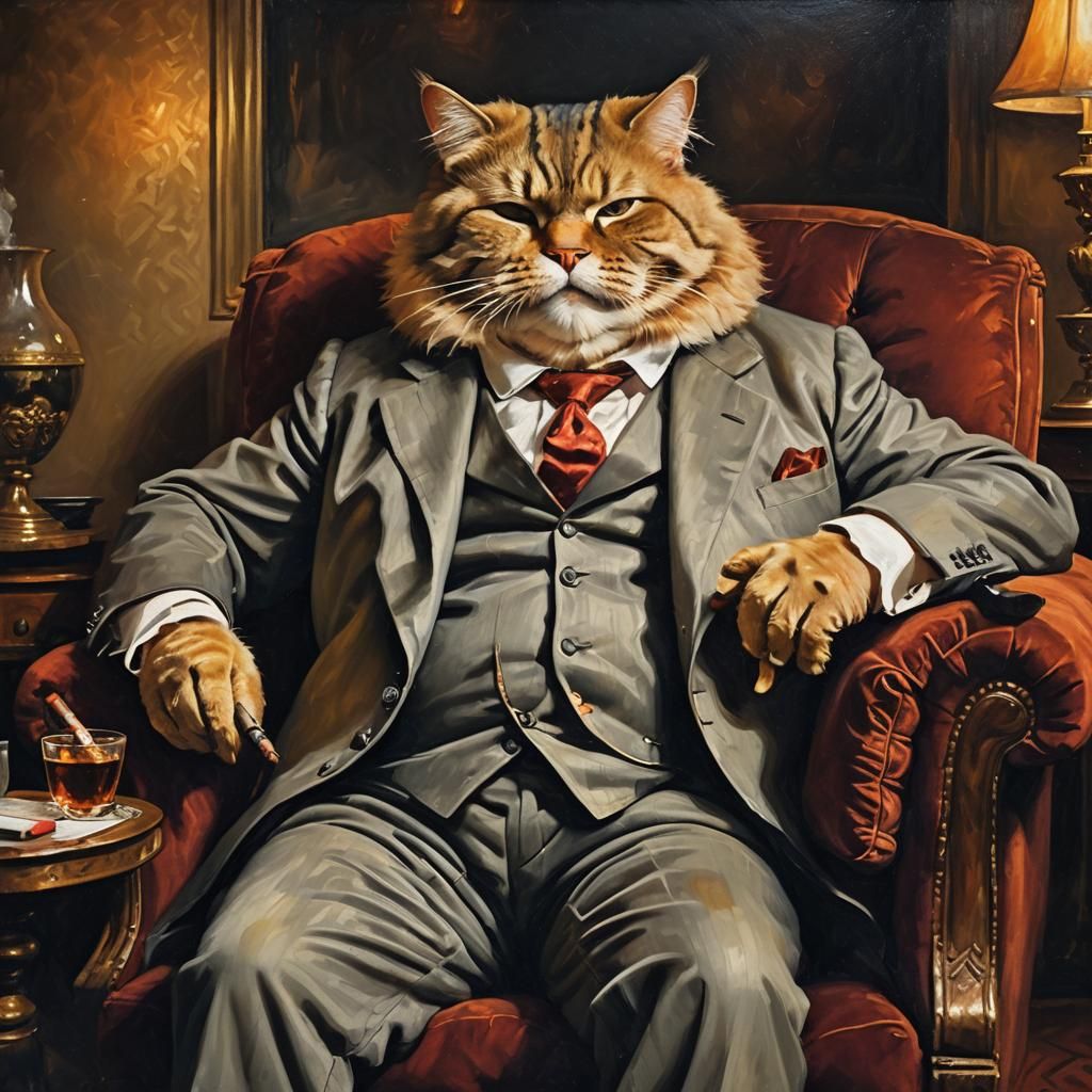 Fat Cat Lounging in Velvet Armchair as Oil Painting