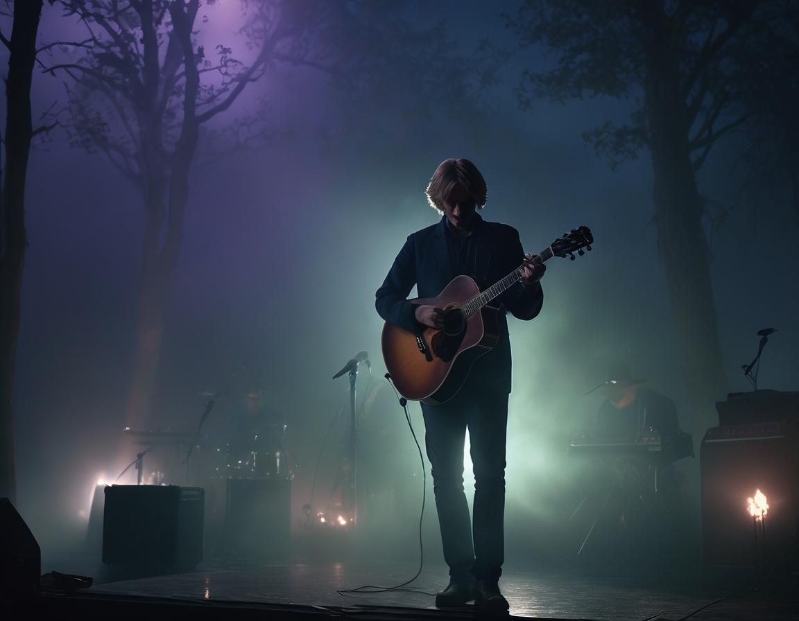 Musician on Misty Stage in Moody Blues Cinematic Still