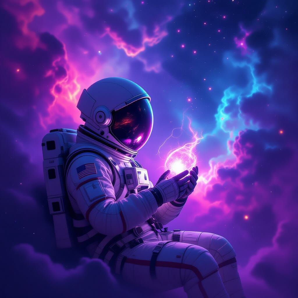 Astronaut Adrift in Nebula Clutching Glowing Artifact