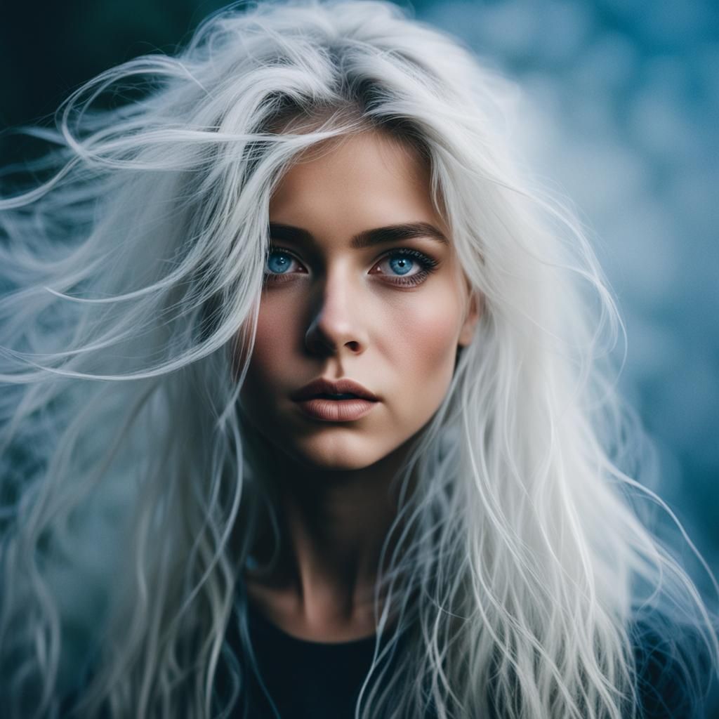 Girl with Blue Eyes in Dense Fog