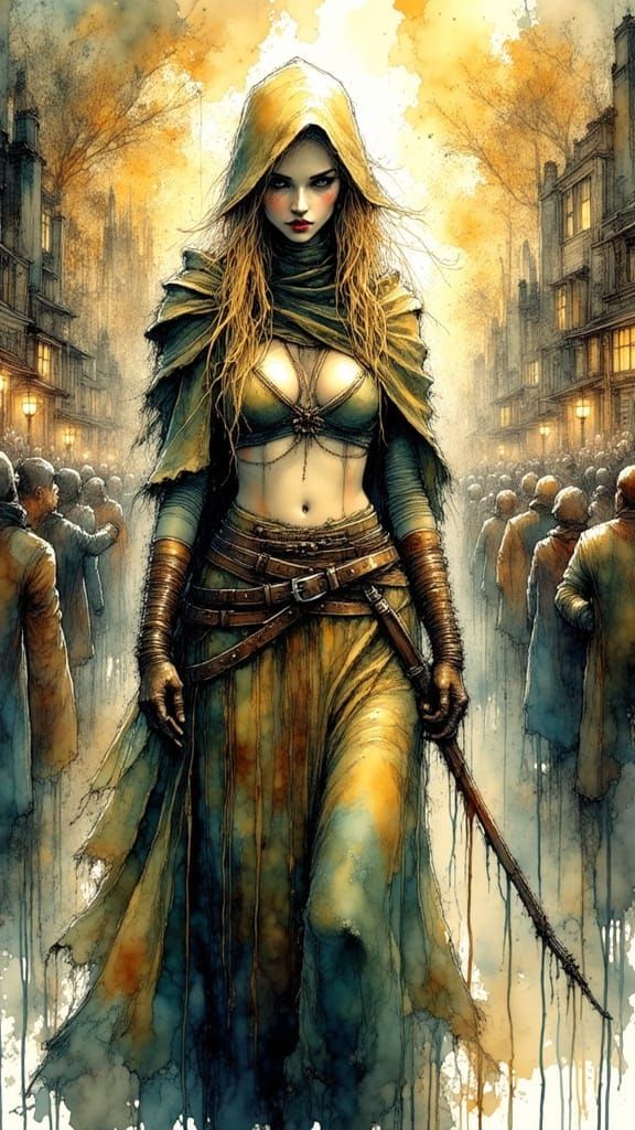 Elf Ranger with Bow in D&D Style Ink Drawing