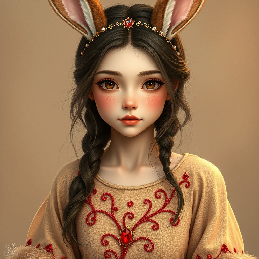 Bunny-Eared Woman in Flowing Gemstone Dress