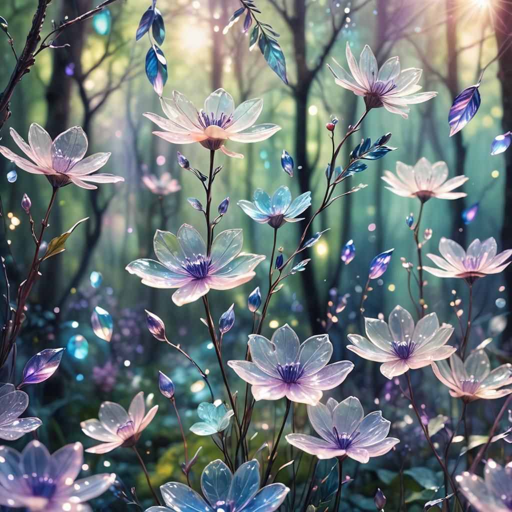 Glass Flowers in Mystical Forest: Digital Fantasy Art