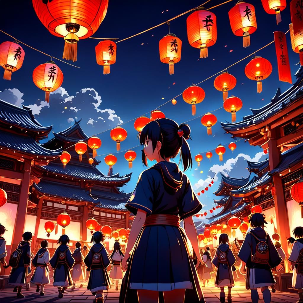 O-Bon Festival with lanterns By artist "anime", 3d anime art, inspired by WLOP, Artstation, #genshinimpact pixiv, extrem...