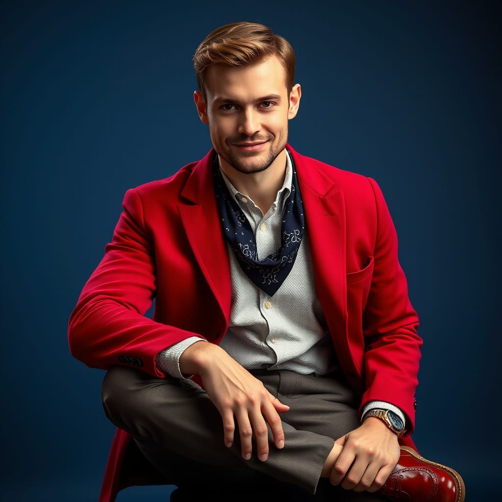 Hyperrealistic Man in Red Coat Fashion Portrait