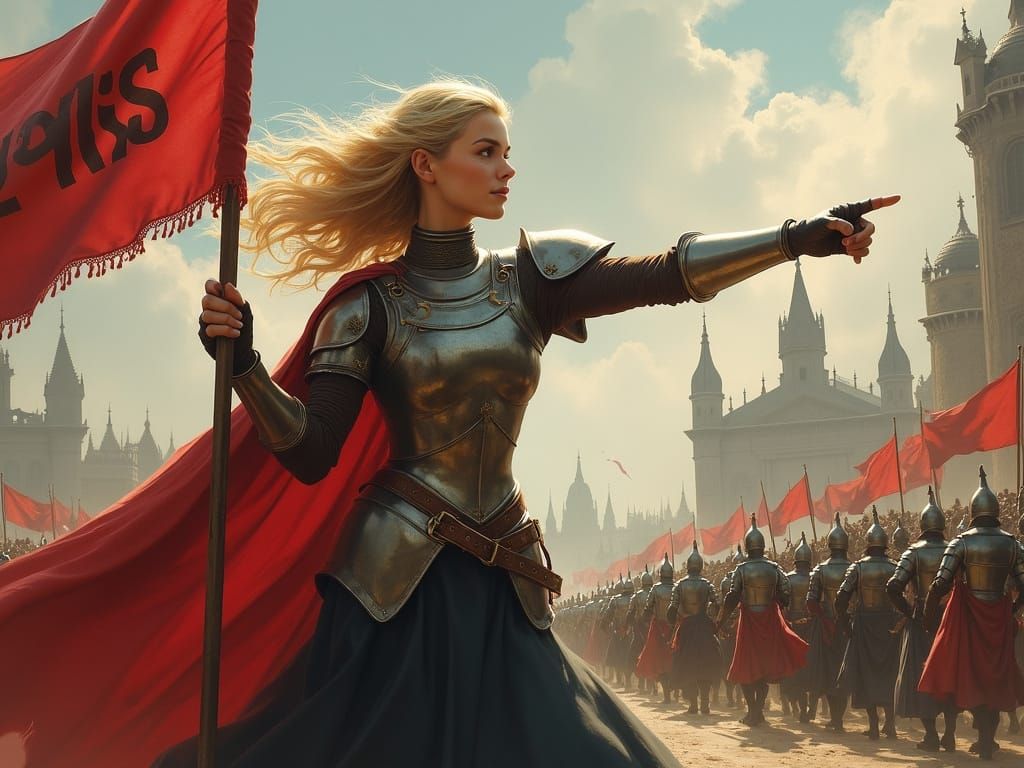 Recruitment Poster of Medieval Woman Warrior Leading Army