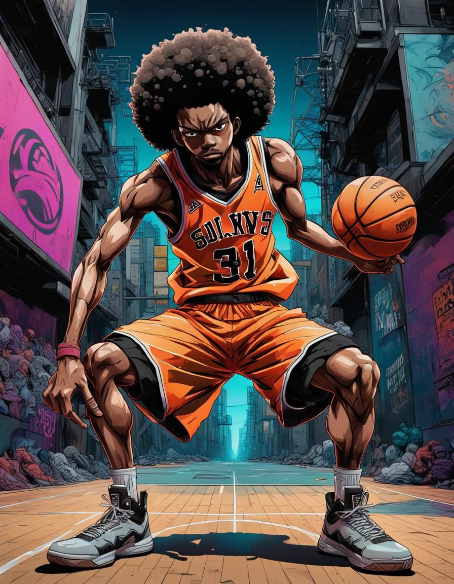 Afro Samurai Basketball Player in Manga Style
