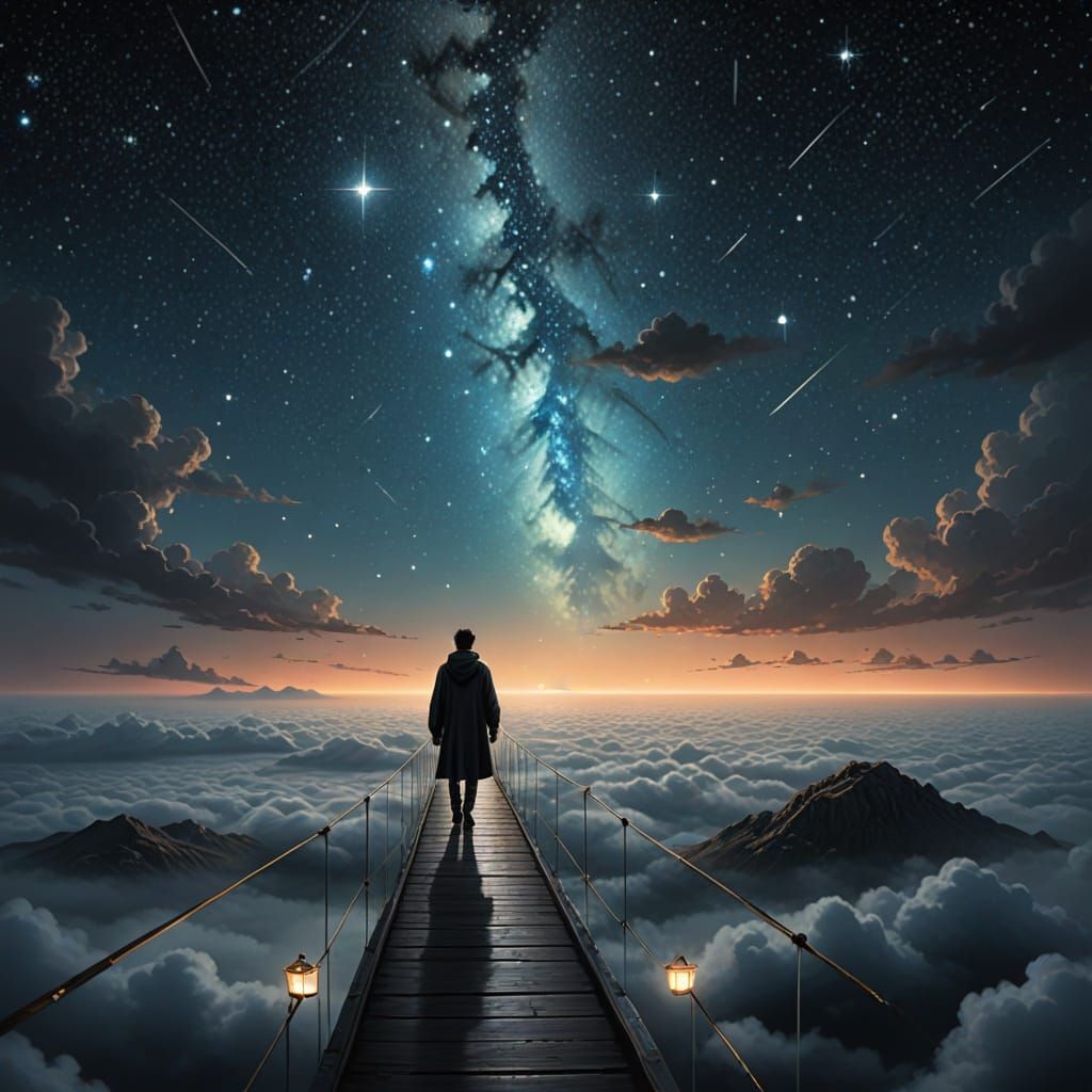 Lone Traveler on Glass Bridge Above Cloud Ocean