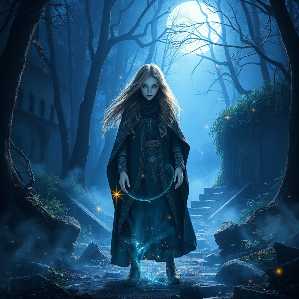 Starlit Forest Sorceress in Ancient Ruins