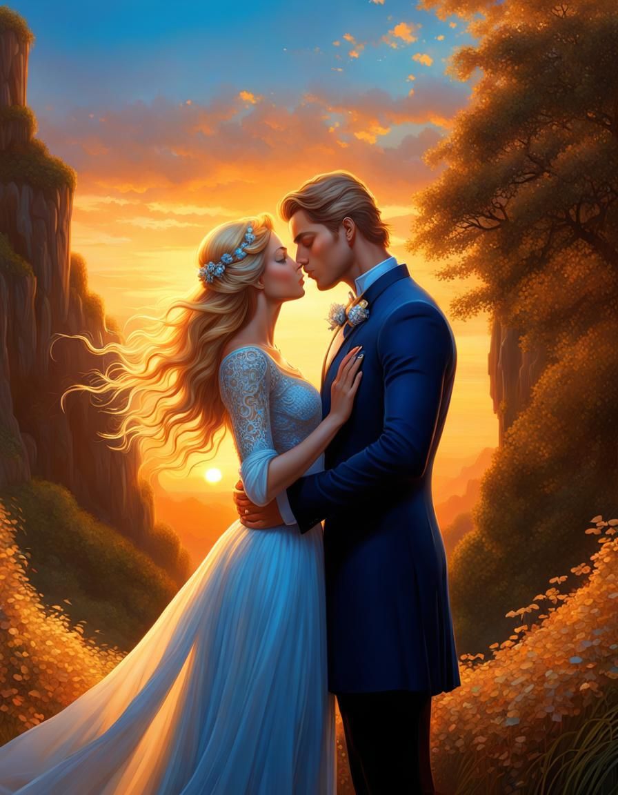 Romantic Couple's Sunset Kiss: Artstation Cartoon