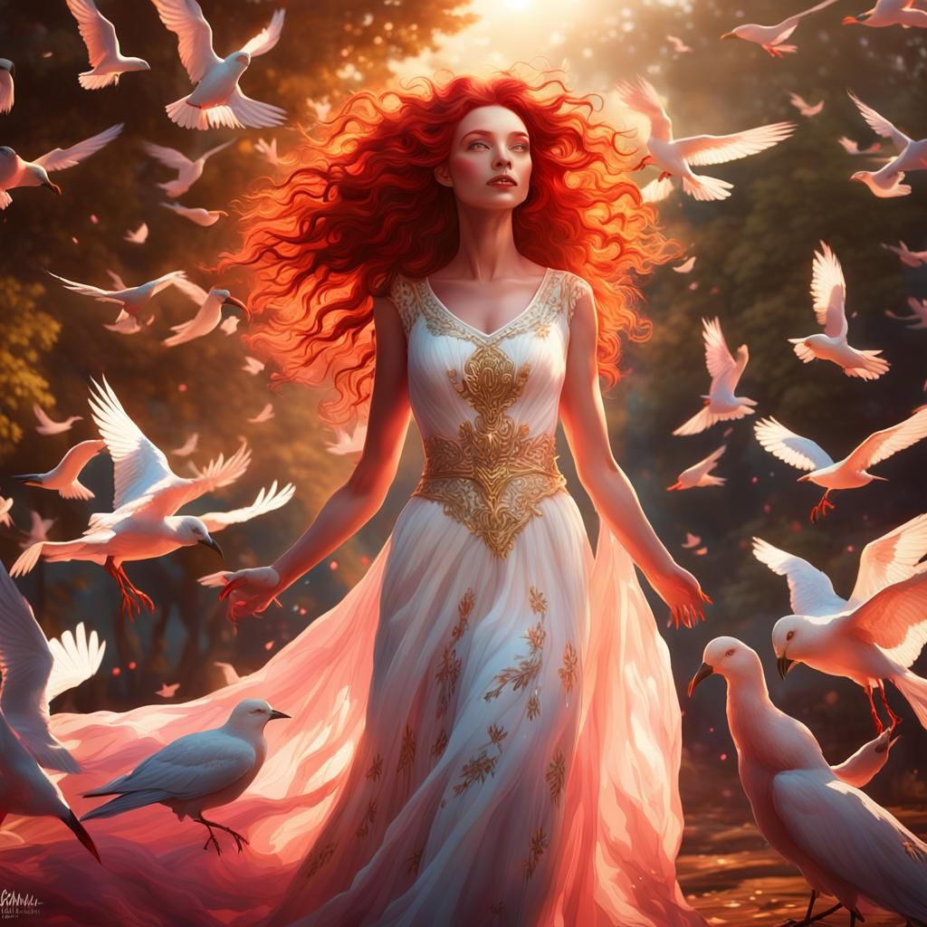 Goddess with Fiery Hair in a Detailed Matte Painting