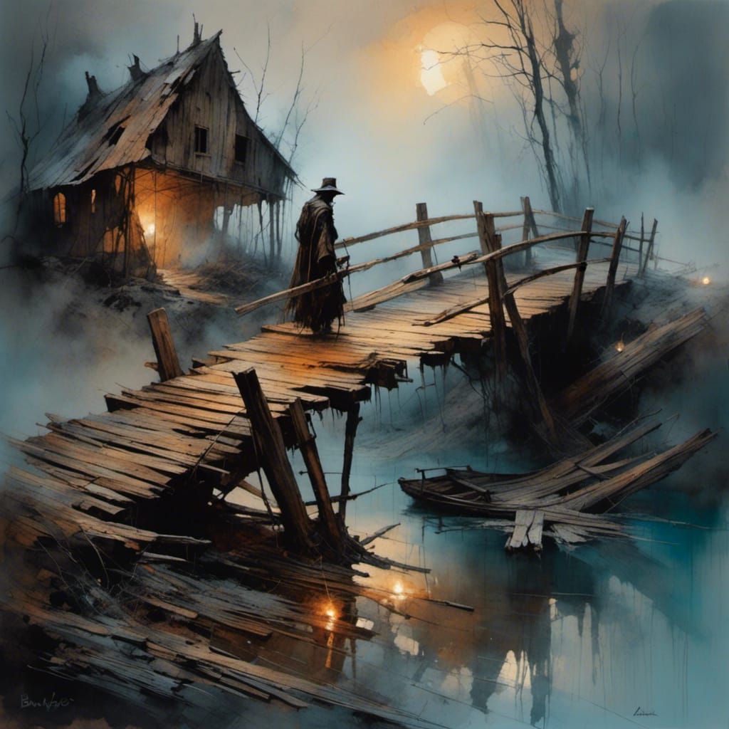 Dark Ages Traveler Crosses Misty Bridge