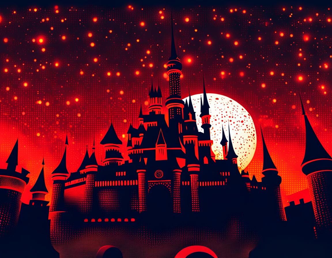 Sinister Disney Castle in Hellish Red Gradient Sky