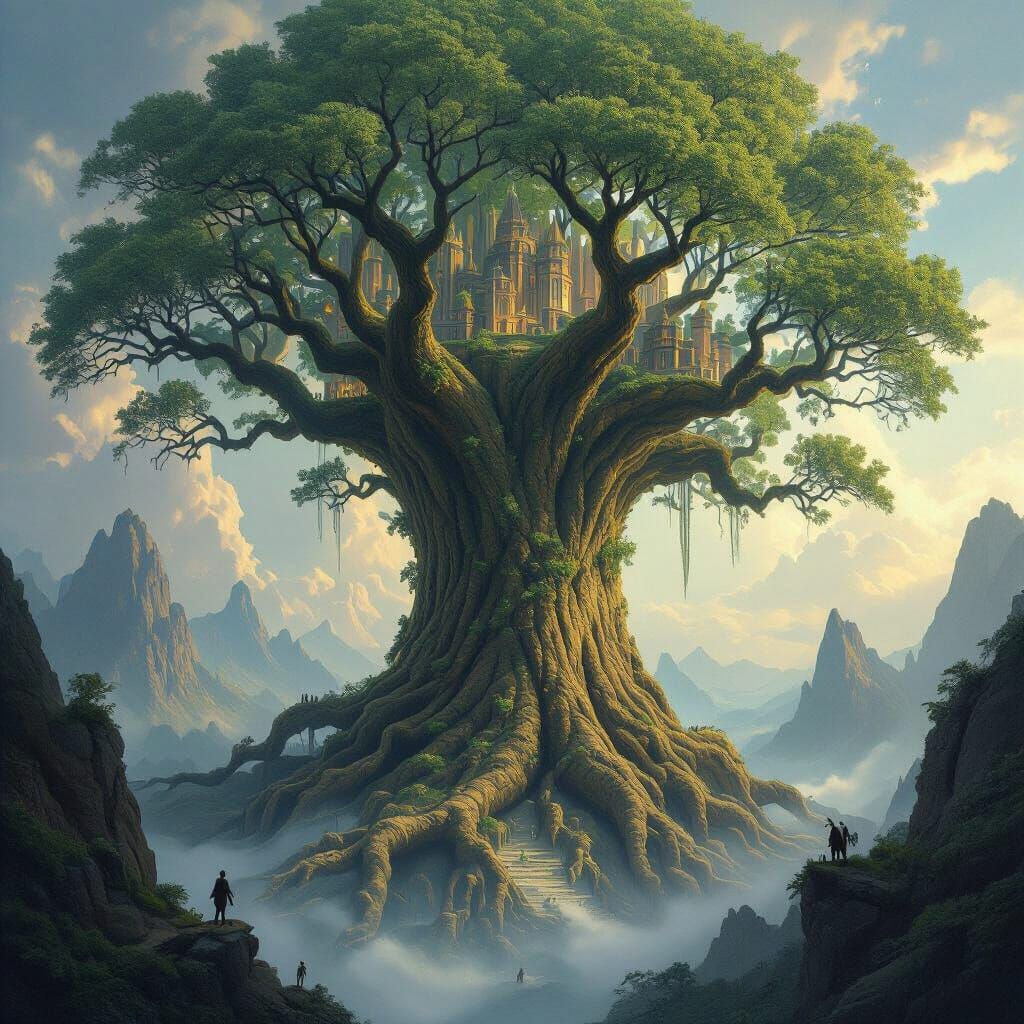 Colossal Ancient Tree Cradling Cities in Epic Fantasy Art