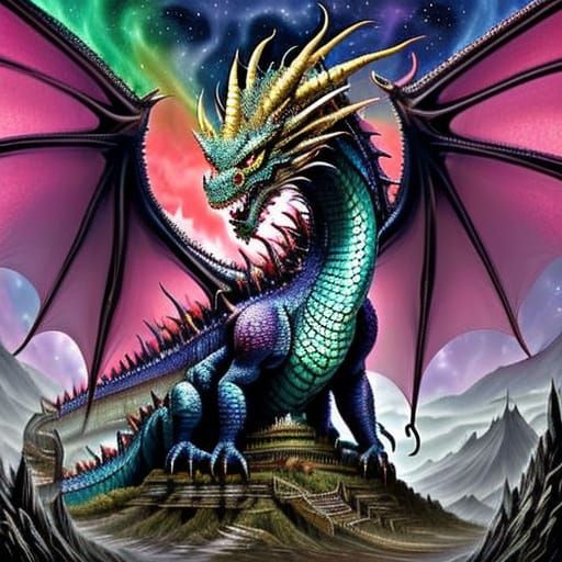 Rainbow Dragon Perched on Enchanted Mountain at Night