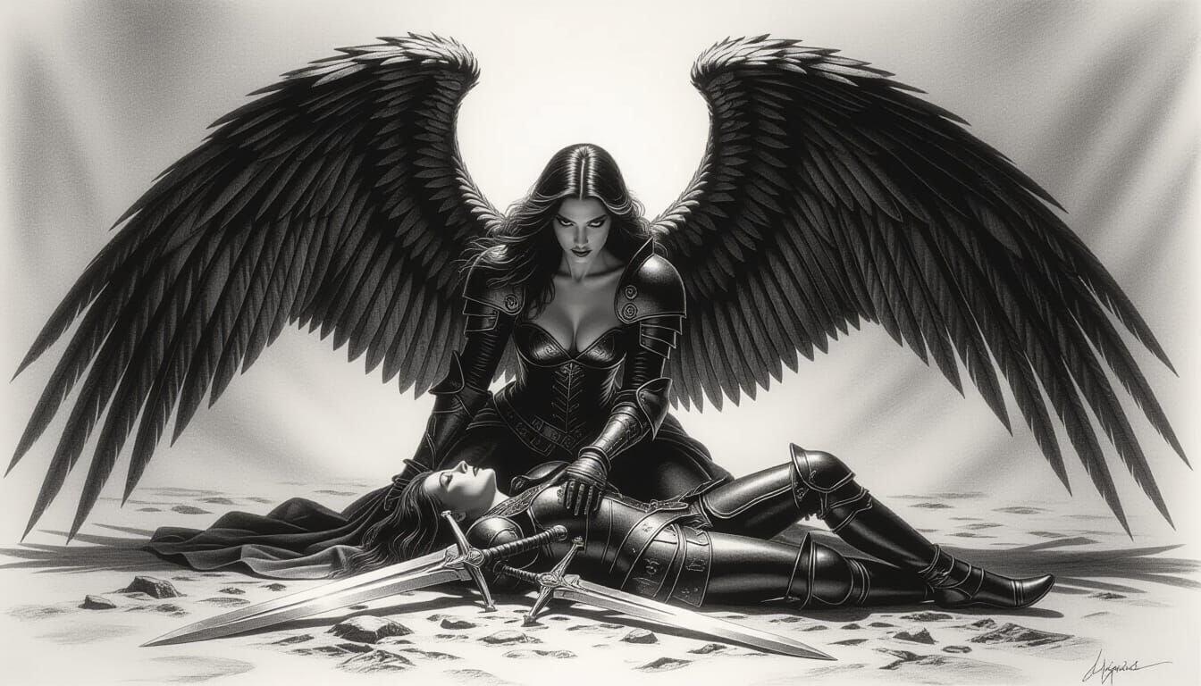 Fallen Angel Shields Knight in Baroque Etching Style