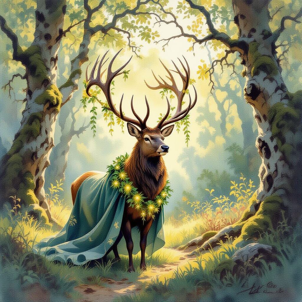 Majestic Stag in Sunlit Clearing, Impressionist Watercolor