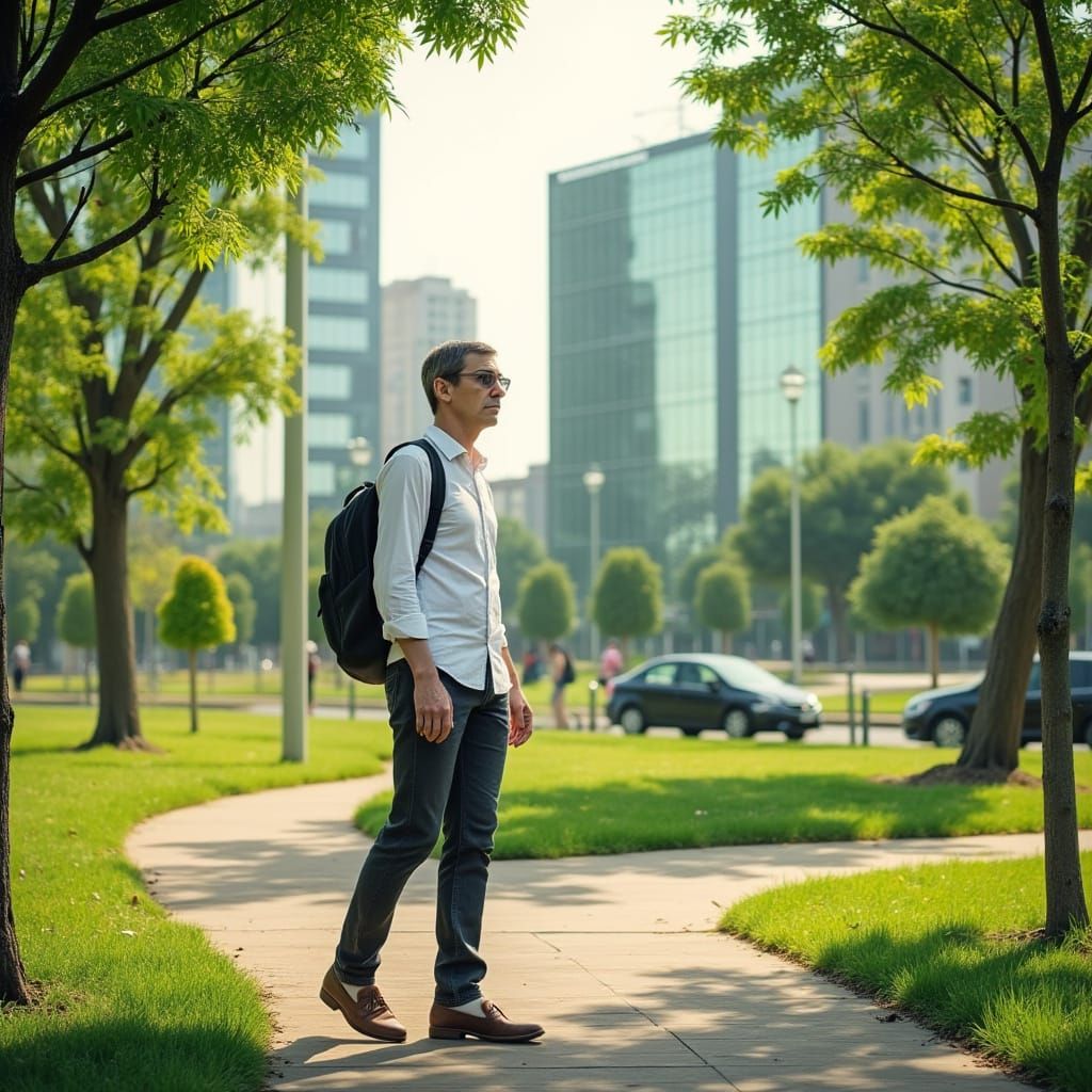 Man Walking in Serene Park Landscape