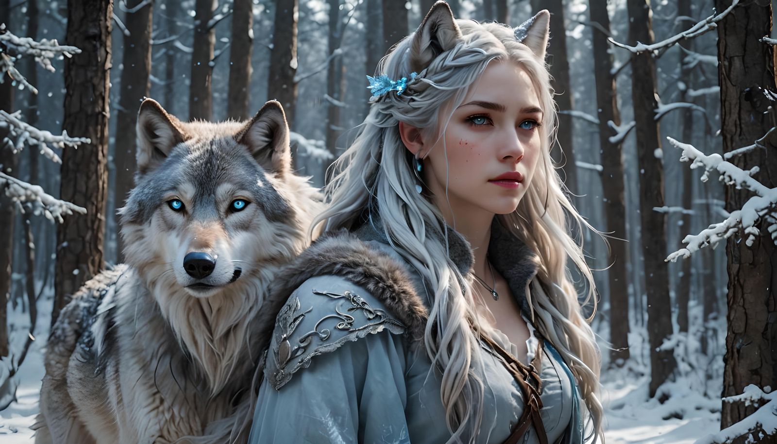 Elegant Wolf-Girl Hybrid in Snowy Forest, Hyperrealistic