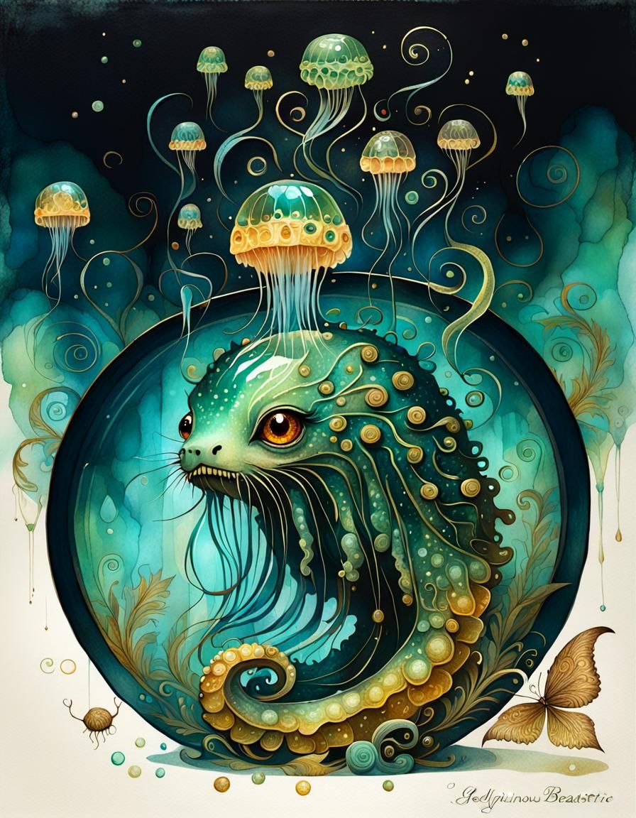 Whimsical Jelly Creature with Zentangle Background