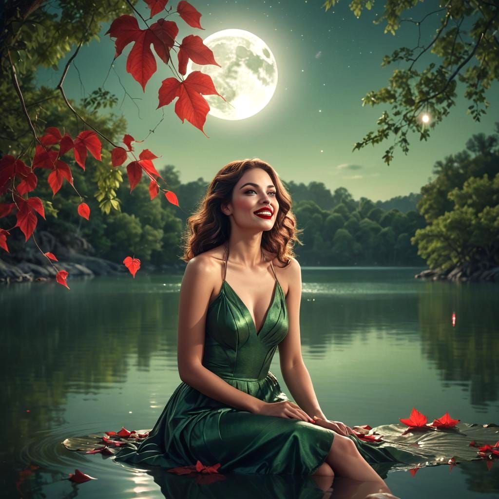 Woman in Green Dress Under Moonlight, Digital Art