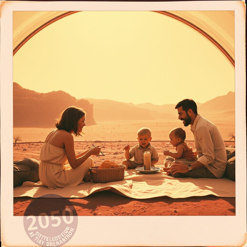 Nostalgic Mars Family Picnic in Vintage Polaroid Style